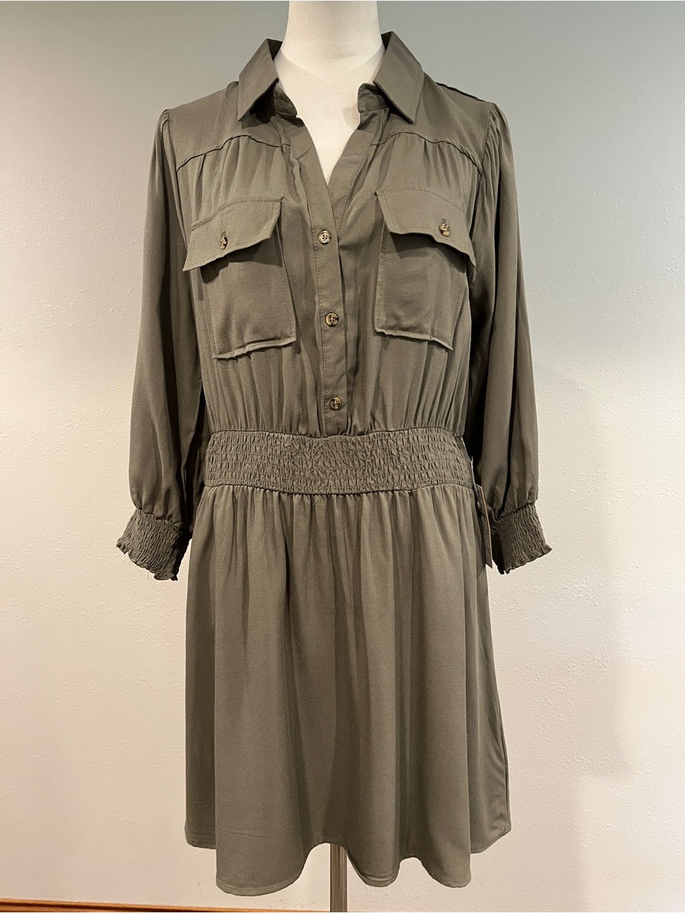 J for Justify Olive Shirtwaist Dress with Smocked Waist